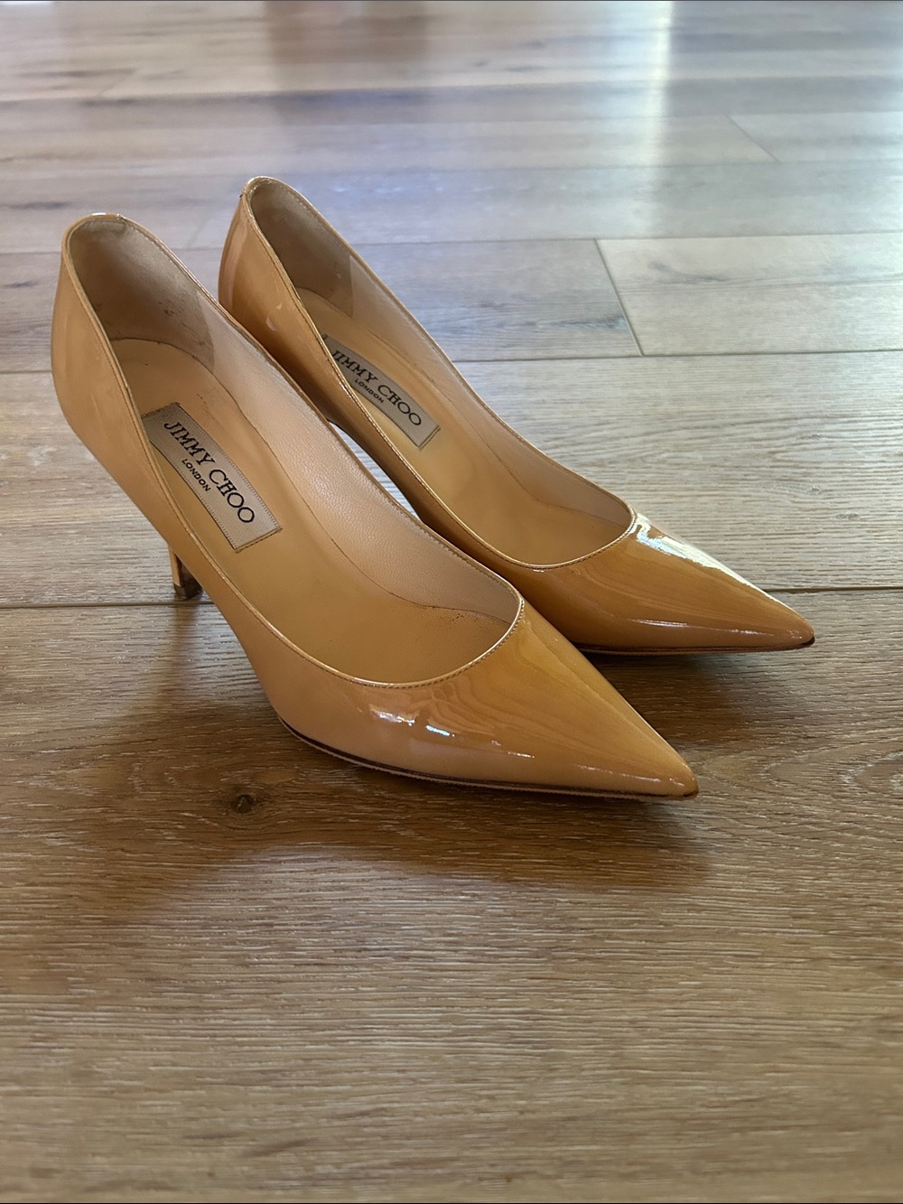 Jimmy Choo Patent Leather Pointed-Toe Pumps in Camel Tan